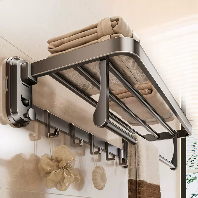 吸盘毛巾架免打孔枪灰卫生间置物架浴室挂杆一体放置架厕所浴巾架