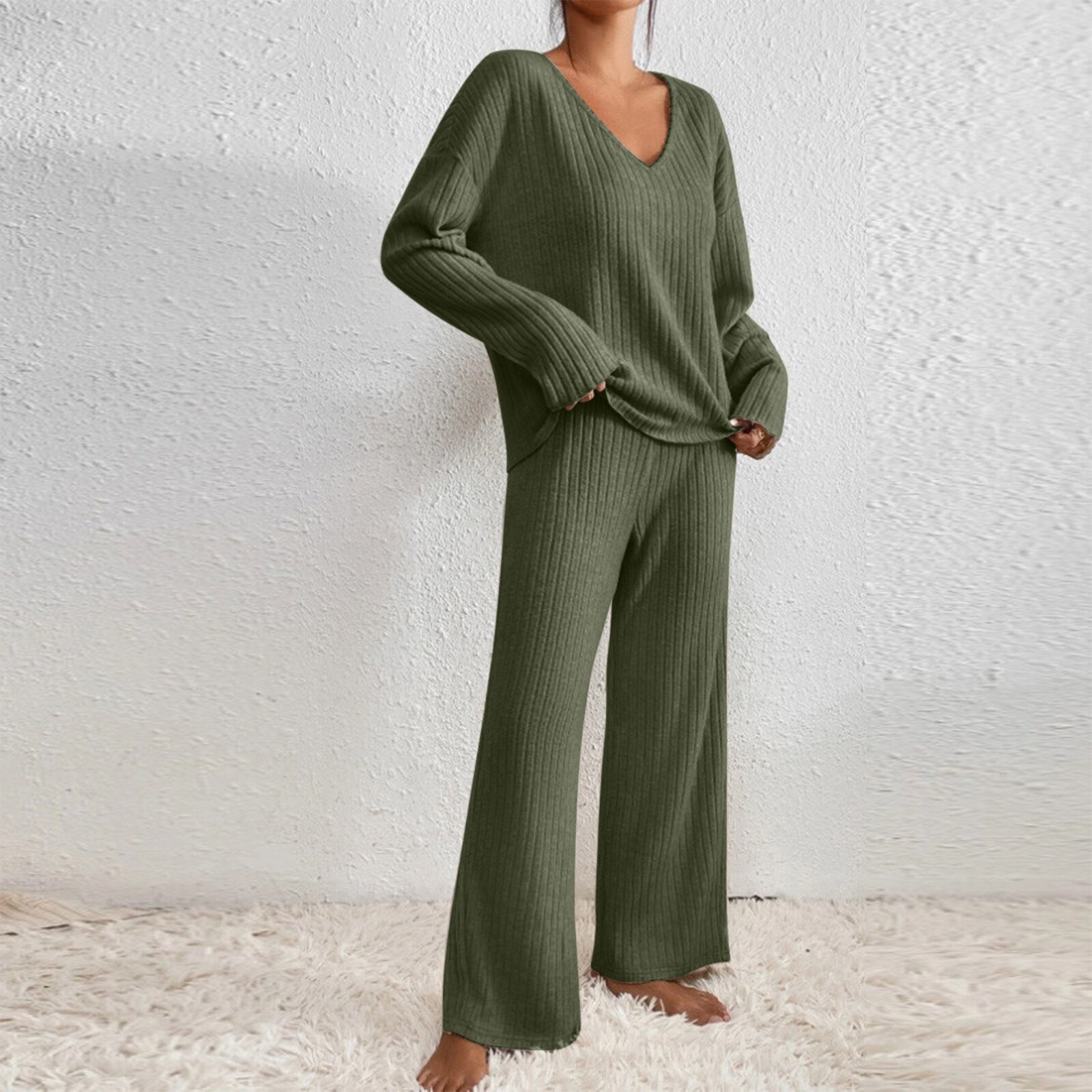 Langärmliges, lässiges Lounge-Set mit V-Ausschnitt für Damen – weich gebürstete, gestreifte Jogginghose und Oberteil (S–XXL, Herbst-/Winterkollektion)​​_voghion.com