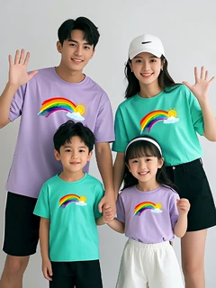 彩虹太阳印花亲子装夏装2026新款一家三口T恤卡通母女装印制logo
