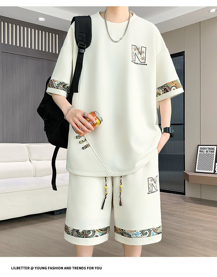 Men's Retro Embroidery Shorts Set - Fashionable Casual Short Sleeve And Shorts Outfit For Teens And Young Adults​_viptrois.com
