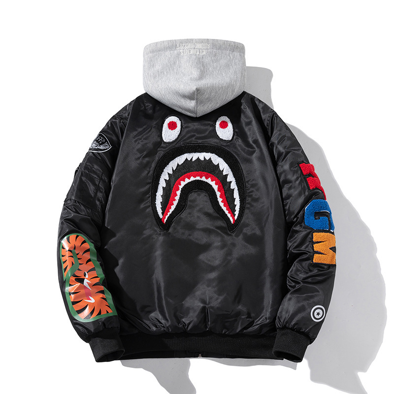 Autumn and Winter Trendy Thickened Pilot Jacket Cotton Coat for Men and Couples with Towel Embroidery, Baseball Jacket, Shark Coat