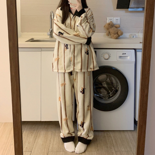 Pajamas for women in autumn and winter coral velvet loose large size thickened cartoon ladies cardigan lapel home wear set