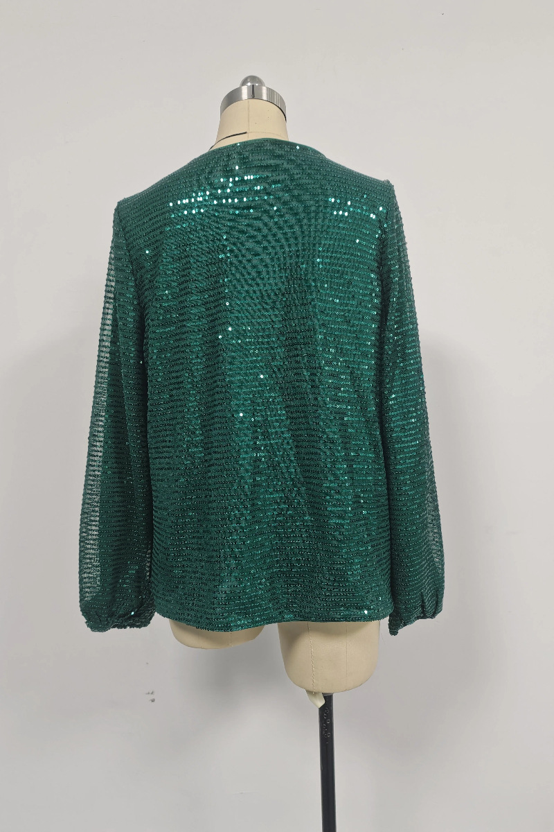 Elegant Women's V-neck Sequin Tunic Top, Long Sleeve Glitter Tee_voghion.com