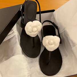 羊皮版新品山茶花新品夹趾罗马凉鞋女夏粗跟仙女风低跟凉拖鞋