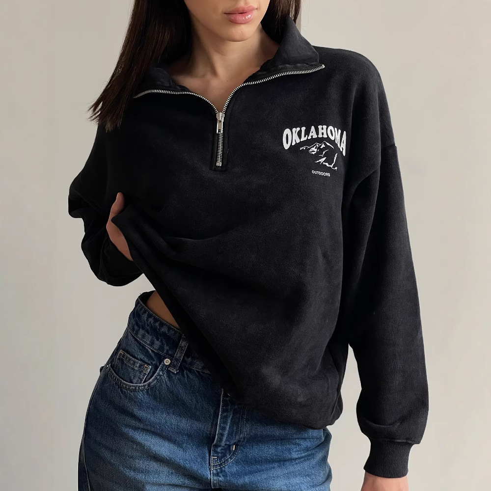 Autumn New Letter Print Half-Zip Fleece Sweatshirt Women, High-End Washed Vintage Style Top Coat For Women_voghion.com