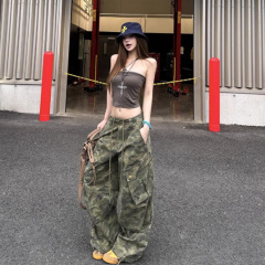 リアルショットスリムフィットシンプルホットガールチューブトップ女性アメリカンレトロ巾着迷彩ワイドレッグカーゴジーンズ