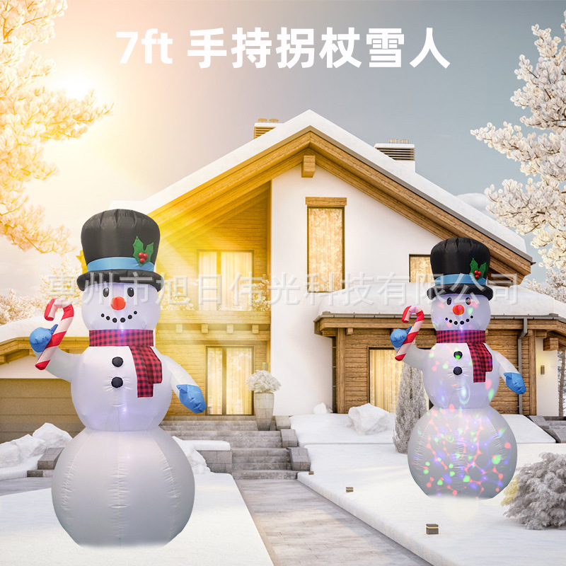 户外防水7ft圣诞节充气圣诞雪人气模 2.1米带炫彩灯手持拐杖雪人