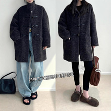 朵妮 松弛感 柔软蓬松羊驼毛 中长款圈圈羊毛呢立领牛角扣大衣冬