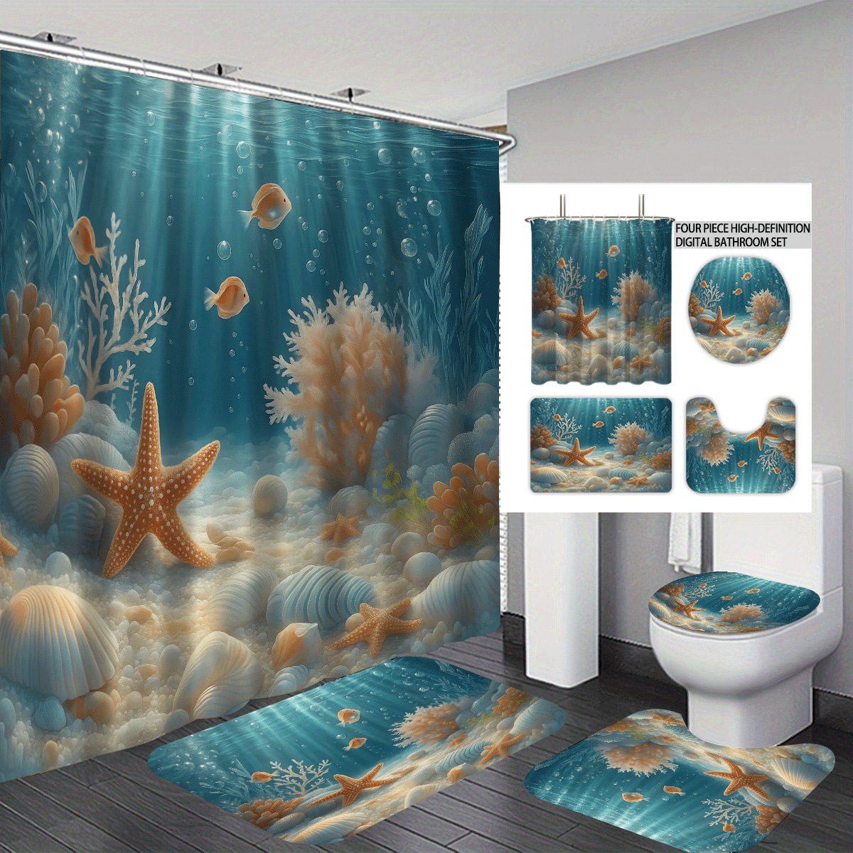 Temu cortina de baño impermeable personalizada serie de elementos marinos 3D impresión poliéster cortina de baño de cuatro piezas fábrica image 12