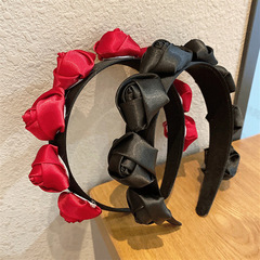 跨境韓版創意玫瑰花朵發箍女式復古發卡細頭箍緞面仿真花髮飾貨源