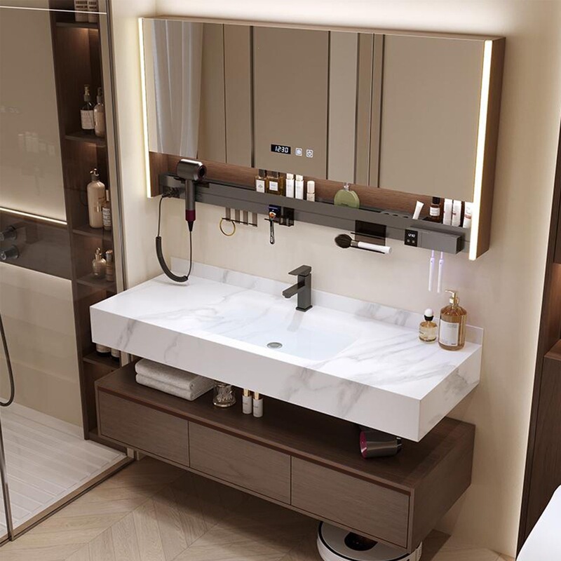 Medieval Style Washbasin Cabinet Set, Walnut Bathroom Cabinet with Integrated Rock Slab Hot-Bent Basin, Bathroom Vanity Cabinet Medieval Style Washbasin Cabinet Set, Walnut Bathroom Cabinet with Integrated Rock Slab Hot-Bent Basin, Bathroom Vanity Cabinet
