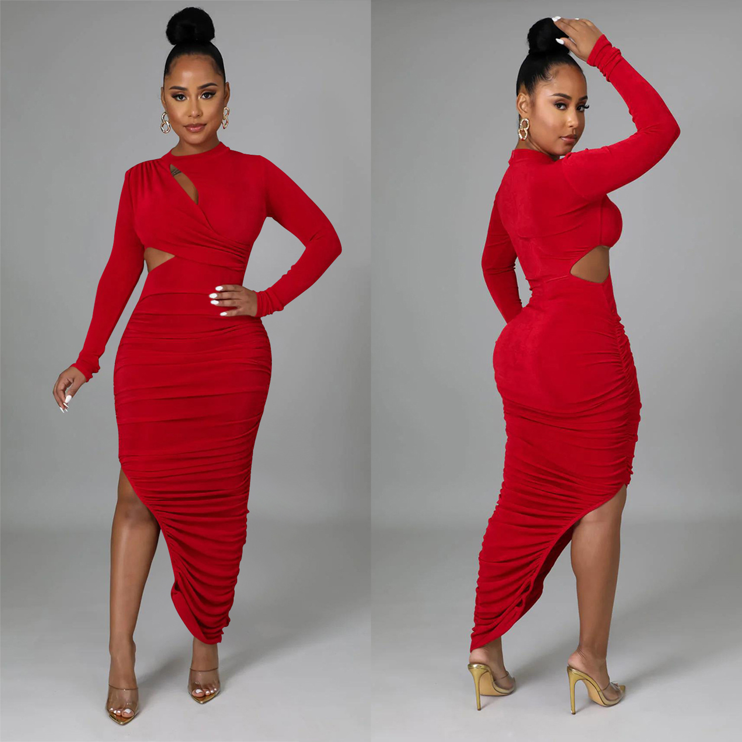 C6110 transfronterizo AliExpress Amazon moda europea y americana de las mujeres de color sólido plisado cuello redondo Vestido de manga larga vestido image 4