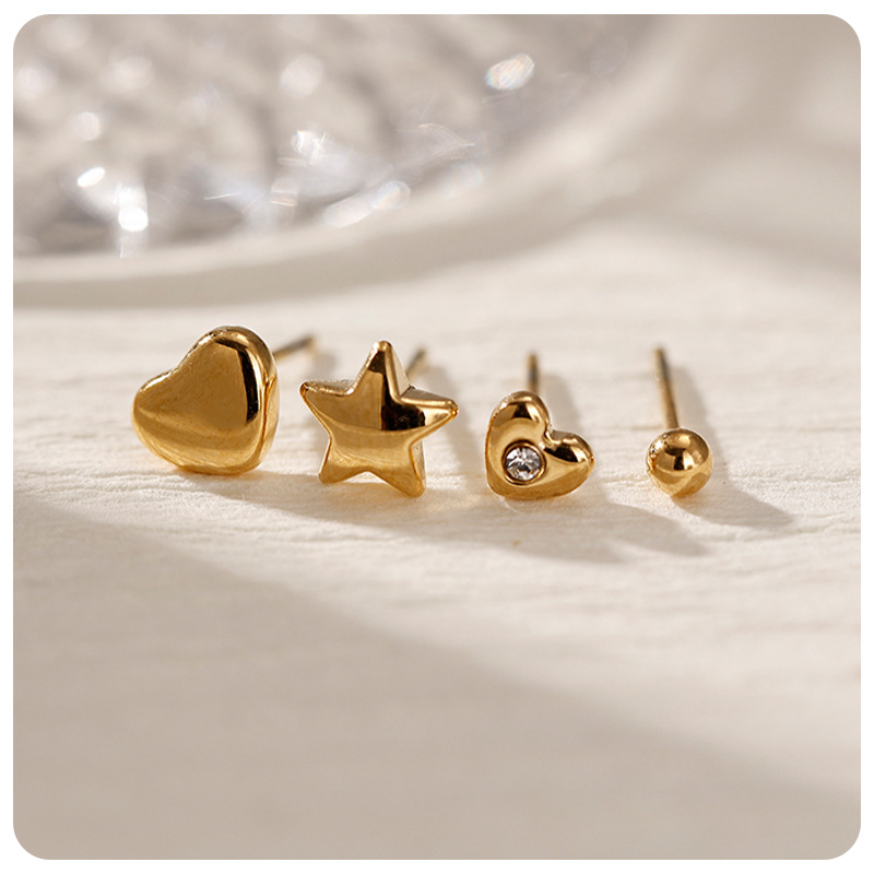 6g Weight PVD Coated Gold Plating Process 304 Stainless Steel Ear Needle Material Real Gold Plated Plating Material Small Stud Earrings Classification 1 Set Quantity Holiday, Banquet, Selfie Occasion 304 Stainless Steel Material Geometric, Star, Heart Shape Pattern All Seasons Season Women's Gender Casual, Elegant, Simple Style Style Waterproof Non Tarnish, Plating Craft PVD Coated Real Gold Plated Geometric Star Heart Shape 304 Stainless Steel Casual Elegant Simple Style Waterproof Non Tarnish Small Stud Earrings 6