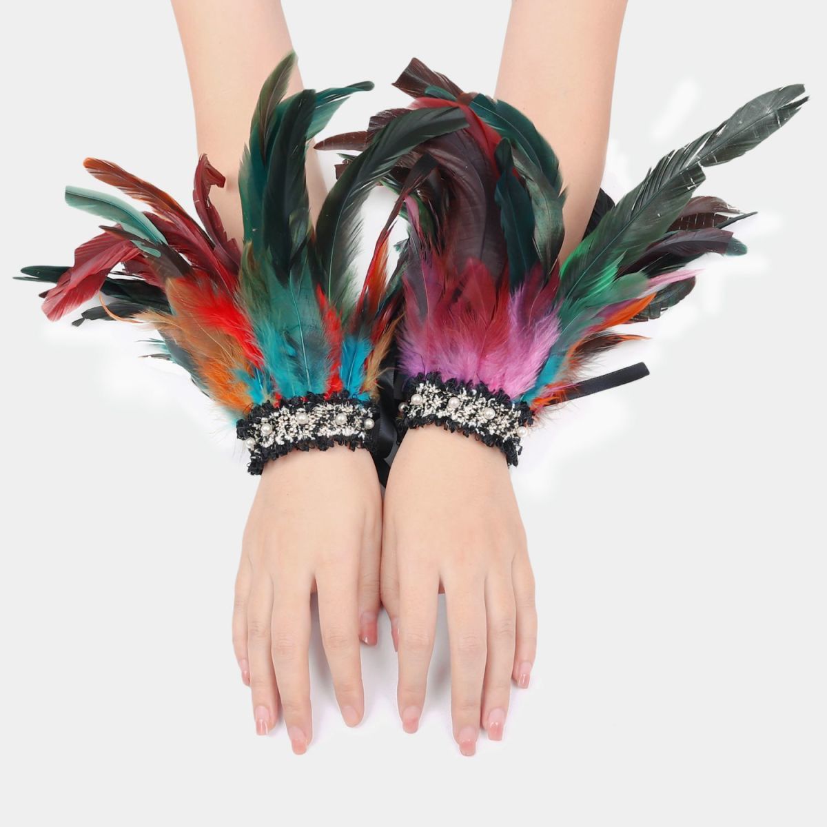 Brazaletes de plumas góticas transfronterizas de baile de maquillaje de fiesta de perlas de muñeca de carnaval decoraciones de joyas de mano