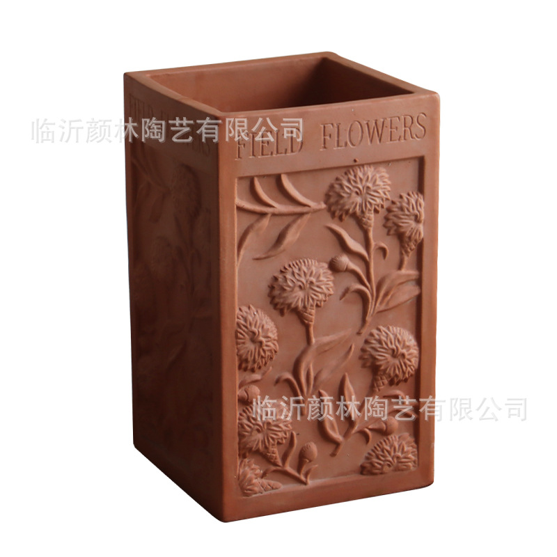 Caja de flores de cerámica roja gran estilo americano cuadrado en relieve maceta de cerámica gruesa pastoral viento plantación de árboles maceta paisajismo maceta transpirable
