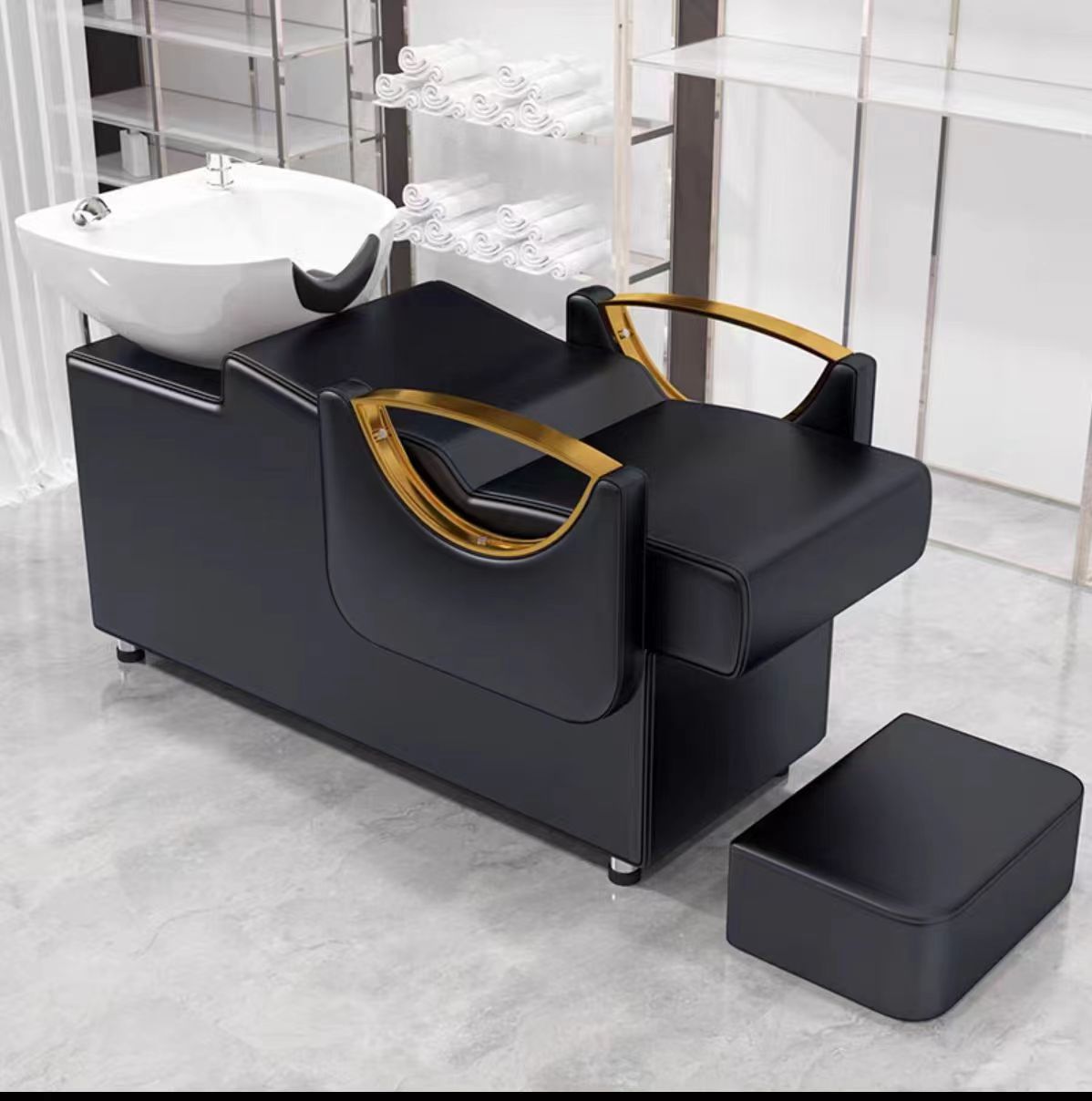 Cama de lavado de cabello para peluquería con reposapiés, lavabo de cerámica, cama de lavado de cabello semireclinable para peluquerías, cama de masaje y peluquería.