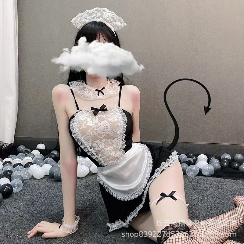 Xi Tang sexy underwear bellyband maid uniform temptation role cos backless perspective lace maid clothing 1141