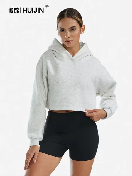 Foreign trade sports fleece hoodie, European and American style, in stock, hooded, women's short style, cotton blend, thickened, autumn and winter design hoodie