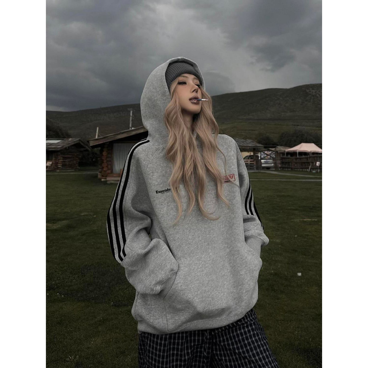 American Trendy Brand Unisex Style Hooded Sweatshirt for Women in Autumn and Winter Fleece-Lined and Thickeneded Loose Slimming Look Three-Stripe Couple Tops