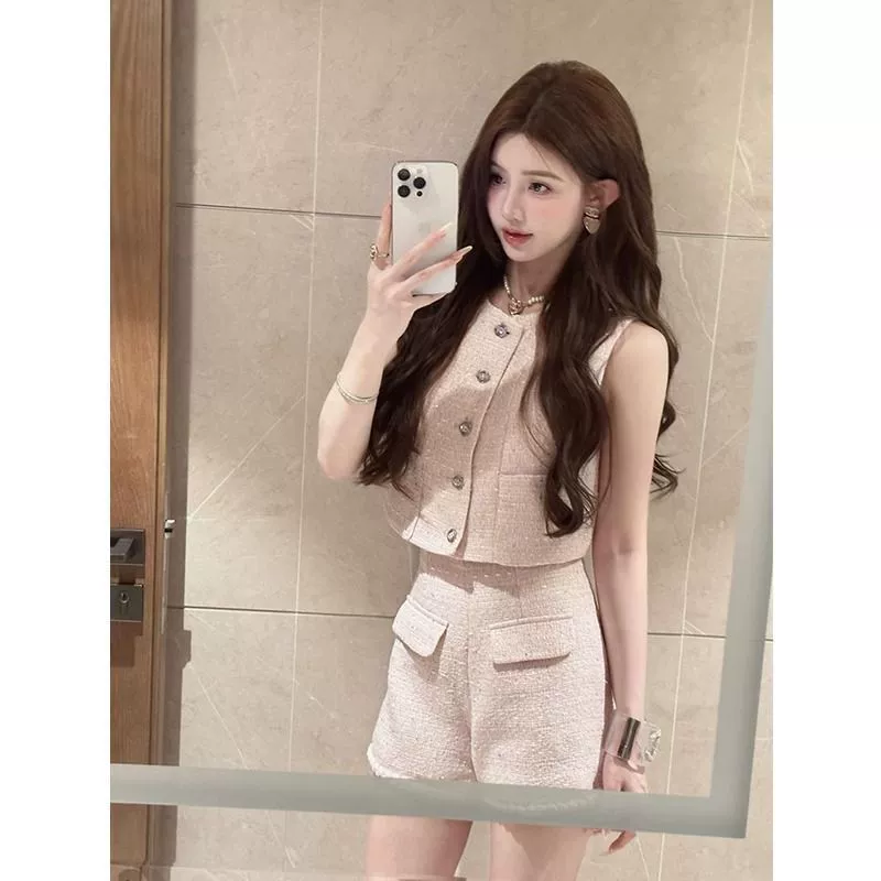 Летний новый розовый девичий сладкий маленький ароматный костюм: юбка, однобортный жилет, топ, шорты, комплект из двух предметов