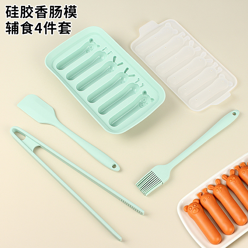 6-Piece Silicone Sausage Mold Set with Lids, Animal-Shaped Baby Food Steaming Mold, Oil Brush, Scraper, Food Tongs, Sausage Mold