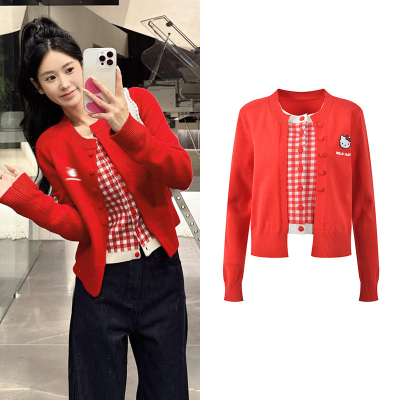 2026 Early Spring New Style Red Fake Two-Piece Cartoon Cat Letter Fashion Youthful Versatile Round Neck Knitted Cardigan 2026 Early Spring New Style Red Fake Two-Piece Cartoon Cat Letter Fashion Youthful Versatile Round Neck Knitted Cardigan