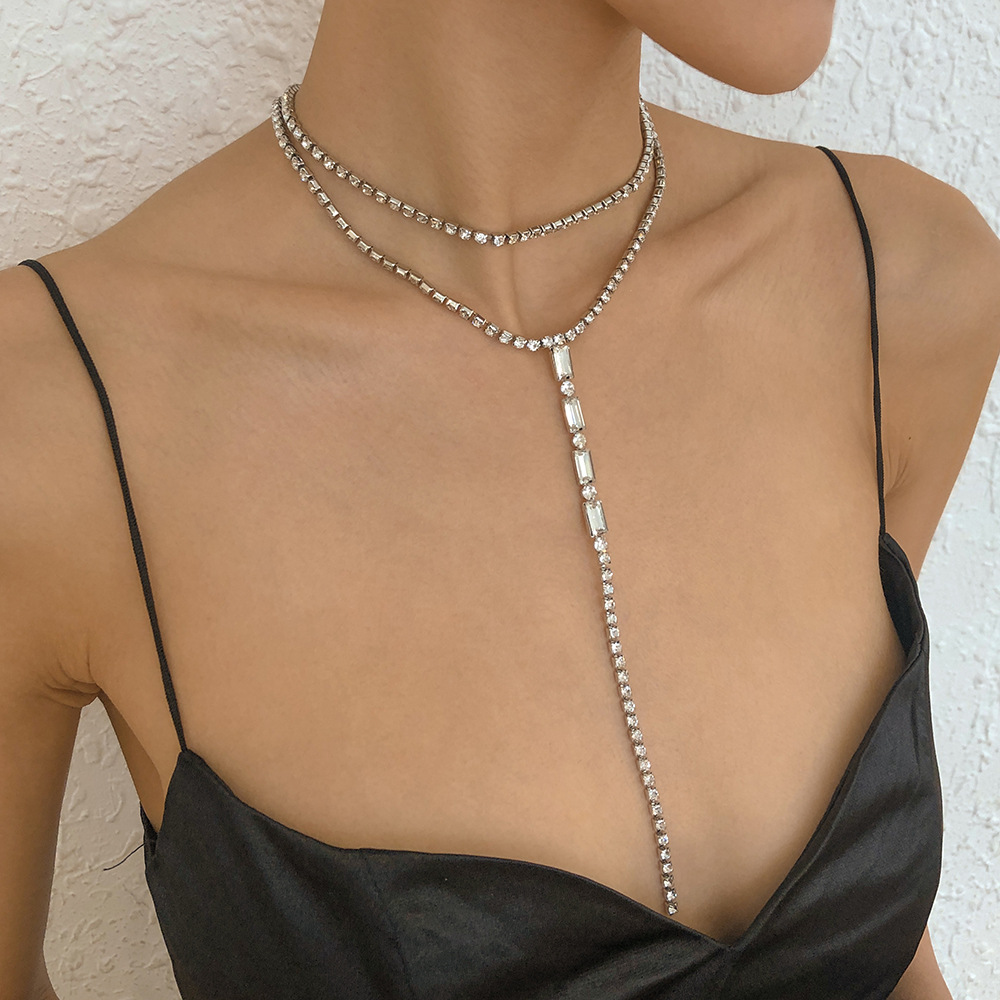 fashion Y-shaped simple full rhinestone double-layer alloy necklace wholesale