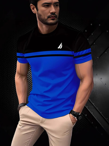 European and American foreign trade 2025 new fashion casual color-blocking 3D digital printing men's round neck short-sleeved T-shirt loose fit