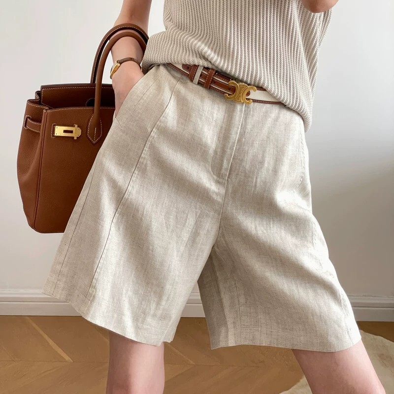 Light Luxury and High-End Feel! Old Money Style Outfit, New Summer Model, Slimming Straight-Leg Casual Versatile Tencel Linen Shorts for Women