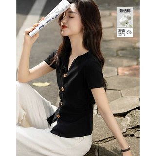 气质团宠夏季韩系棉氨V领短袖开叉显瘦藏肉软糯亲肤T恤女