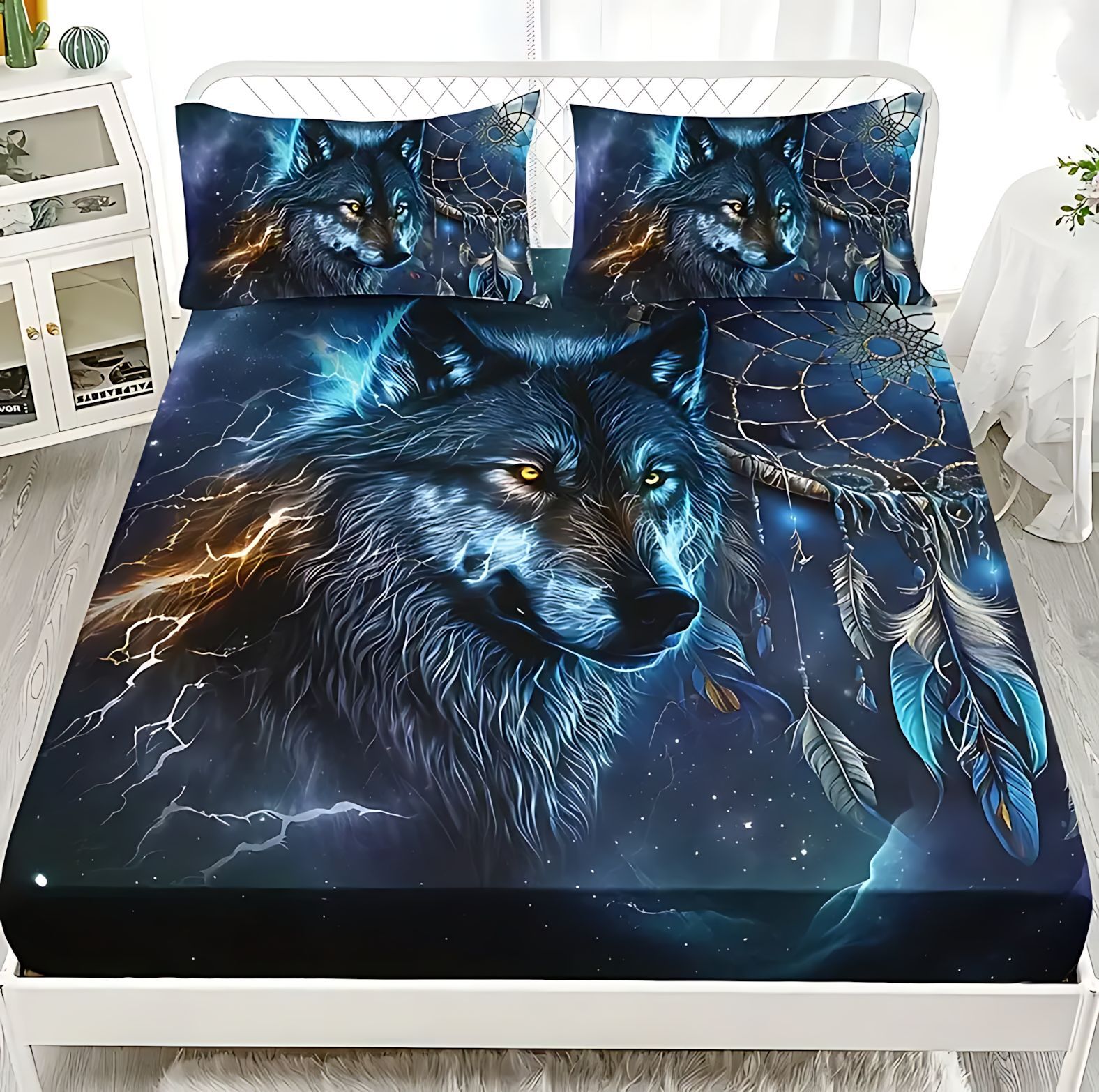 TEMU / JIT Transfronterizo Wolf Dreamcatcher Cama 3D impresión digital camisa colchón kit de ropa de cama se puede diseñar
