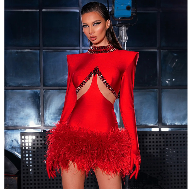 Cross-border explosions red ostrich feather bandage skirt European and American fashion sexy rhinestone cutout party dress Cross-border explosions red ostrich feather bandage skirt European and American fashion sexy rhinestone cutout party dress