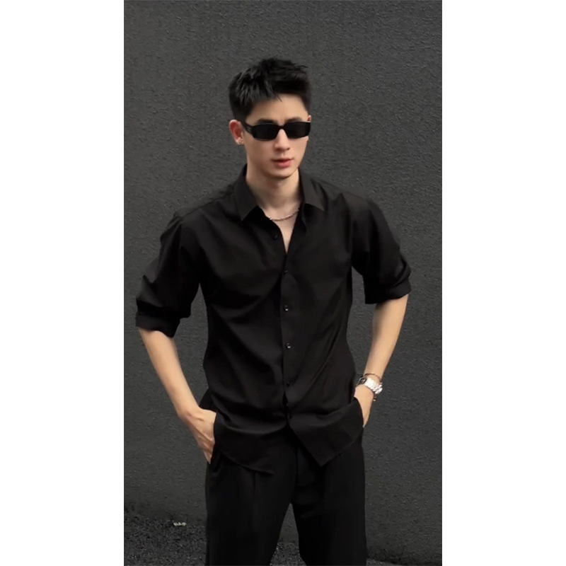 Black Cuban Collar Ice Silk Short-sleeved Shirt Men's High-end Feeling New-style Handsome Middle-sleeved Shirt Trendy Brand Solid Color Thin Top
