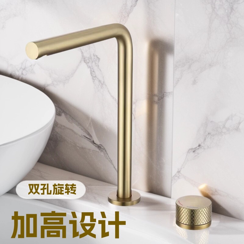 Cross-Border All-Copper Double-Hole Gun Gray Black Brushed Gold Basin Hot and Cold Faucet Washbasin Art Basin Factory Direct Sale