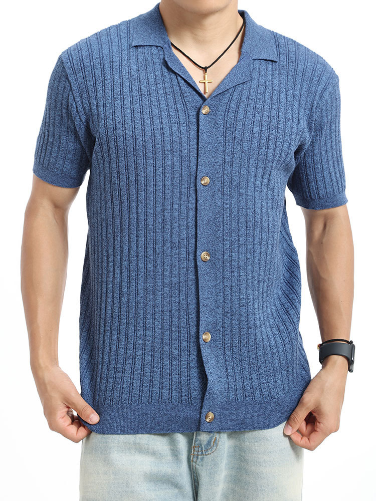 El estilo antiguo de la ventana de los hombres con solapa de seda de hielo polo de punto cardigan ligero de lujo texturas relajadas ropa de hombre casual camisa de manga corta hombre