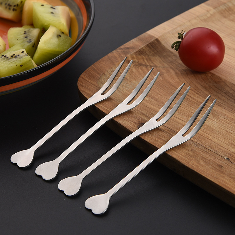 Love-shaped Stainless Steel Fruit Fork Household Fruit Pick Two-pronged Cake Snack Kitchen Supplies Two-pronged Food Fork