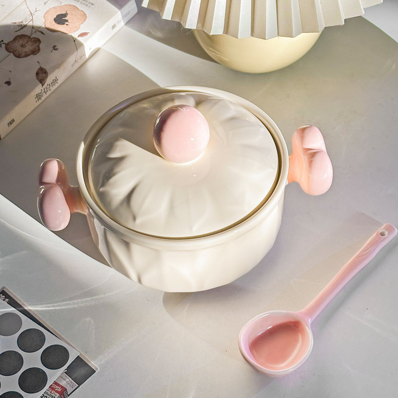Ins style love ceramic instant noodle bowl with lid student large capacity dormitory snail powder bowl creative binaural soup bowl