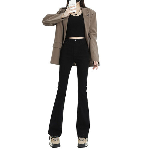Black mini-jeans for women, spring outfit, petite size, tight high-waisted elastic Mary Jane pants, spicy style, straight leg flare pants