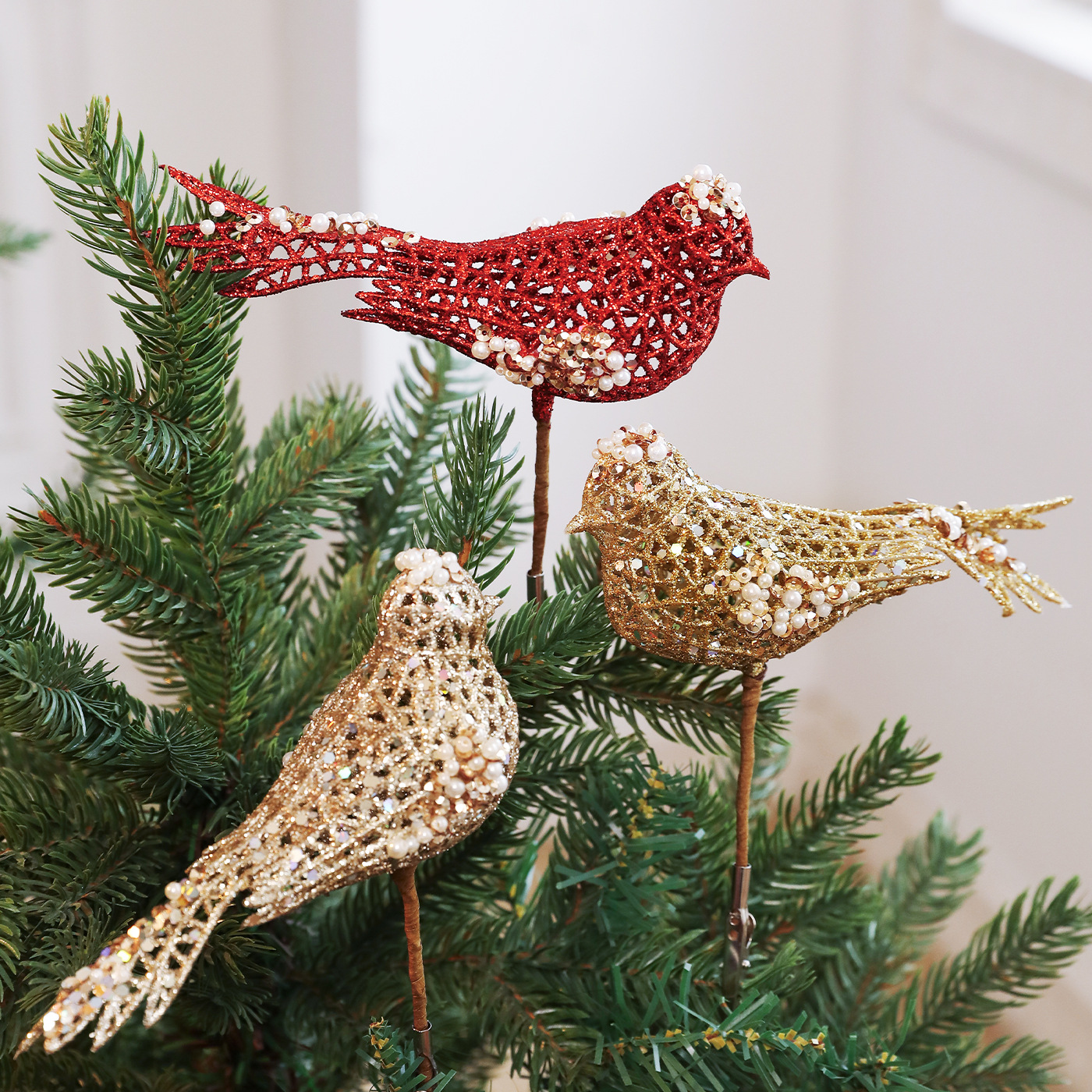 Polvo de plástico transfronterizo pájaros gorrión clip enchufe hueco polvo gorrión árbol de Navidad decoración colgante
