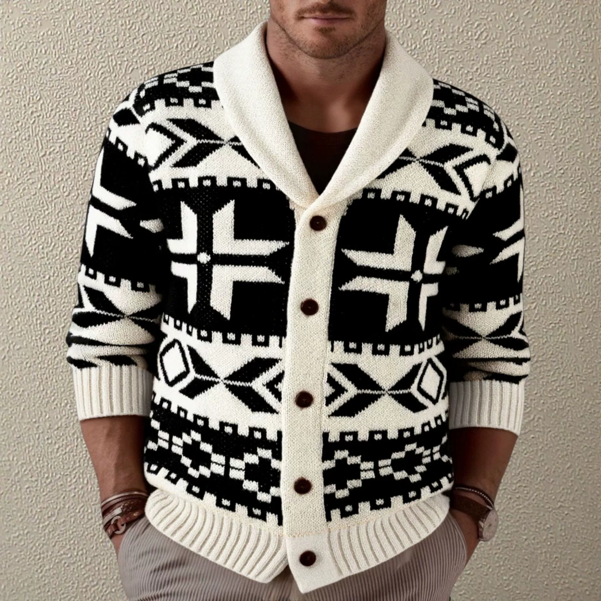 Мужская одежда для трансграничного экспорта, европейский и американский ретро-жаккардовый трикотаж с лацканами, утолщенный толстый игольчатый трикотаж, куртка SY0144