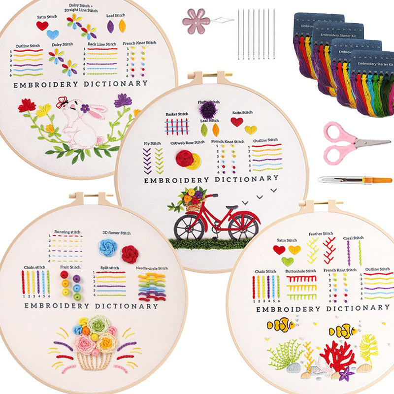 Bordado bricolaje básico principiante práctica bolsa 9-piece set Amazon inglés instrucción gato flor cesta niños mano práctica paño