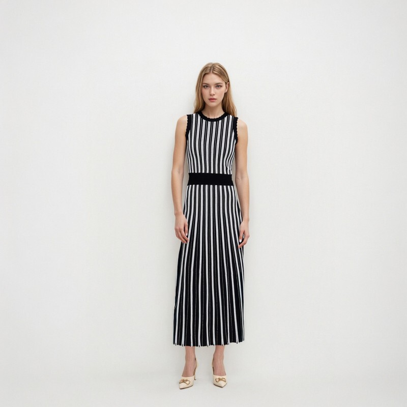 Cross-Border Foreign Trade Nanyou High-Volume Wholesale Spring and Summer Round Neck Sleeveless A-Line Pullover Black and White Striped Knit Dress Cross-Border Foreign Trade Nanyou High-Volume Wholesale Spring and Summer Round Neck Sleeveless A-Line Pullover Black and White Striped Knit Dress