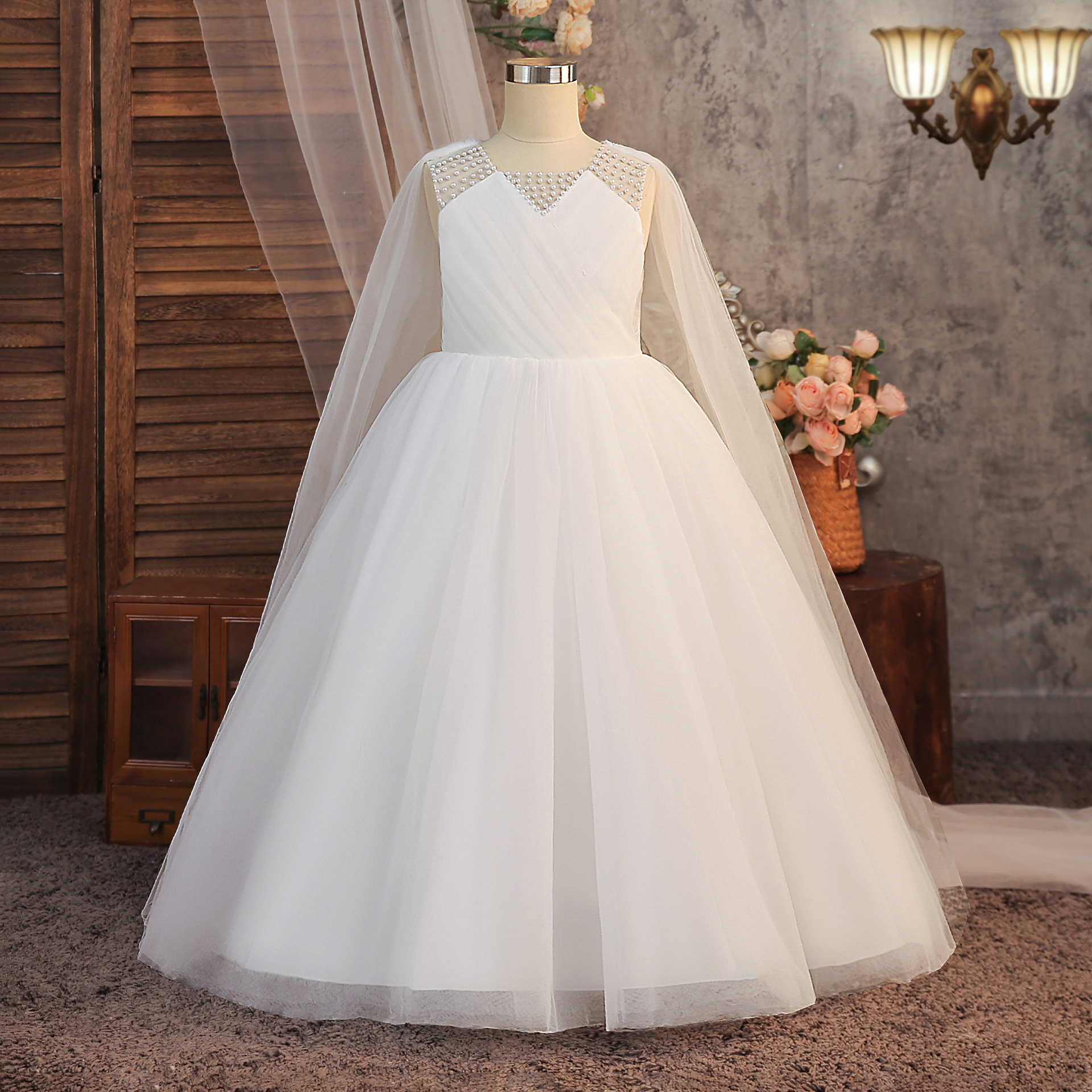 Amazon nuevas niñas con cuentas de clavos de encaje princesa falda de malla de abrigo vestido vestido vestido de niños