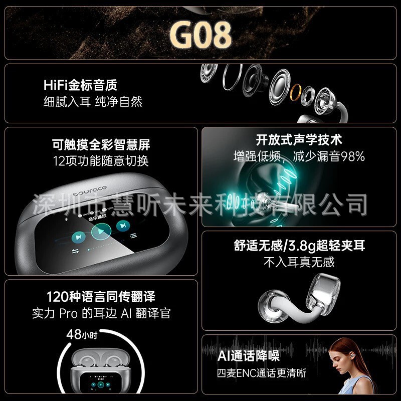 人気の Miniso イヤークリップ G08 翻訳ヘッドフォン クリップオンイヤー OWS オープン非インイヤーデジタルディスプレイタッチスクリーン Bluetooth ヘッドセット|undefined