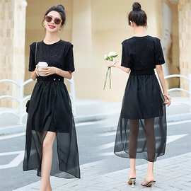 黑色连衣裙2024夏季新款小个子气质小众设计感显瘦收腰中长款纱裙