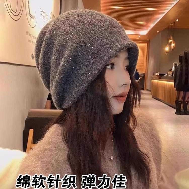 帽子秋冬女款时尚百搭慵懒风亮片堆堆帽大头围显脸小针织护耳冷帽|undefined