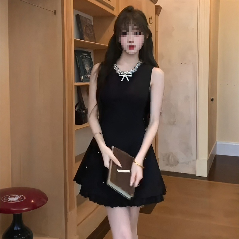 法式富家千金重亮片圆领无袖连衣裙女夏季腰显瘦黑色a字短裙网纱|undefined