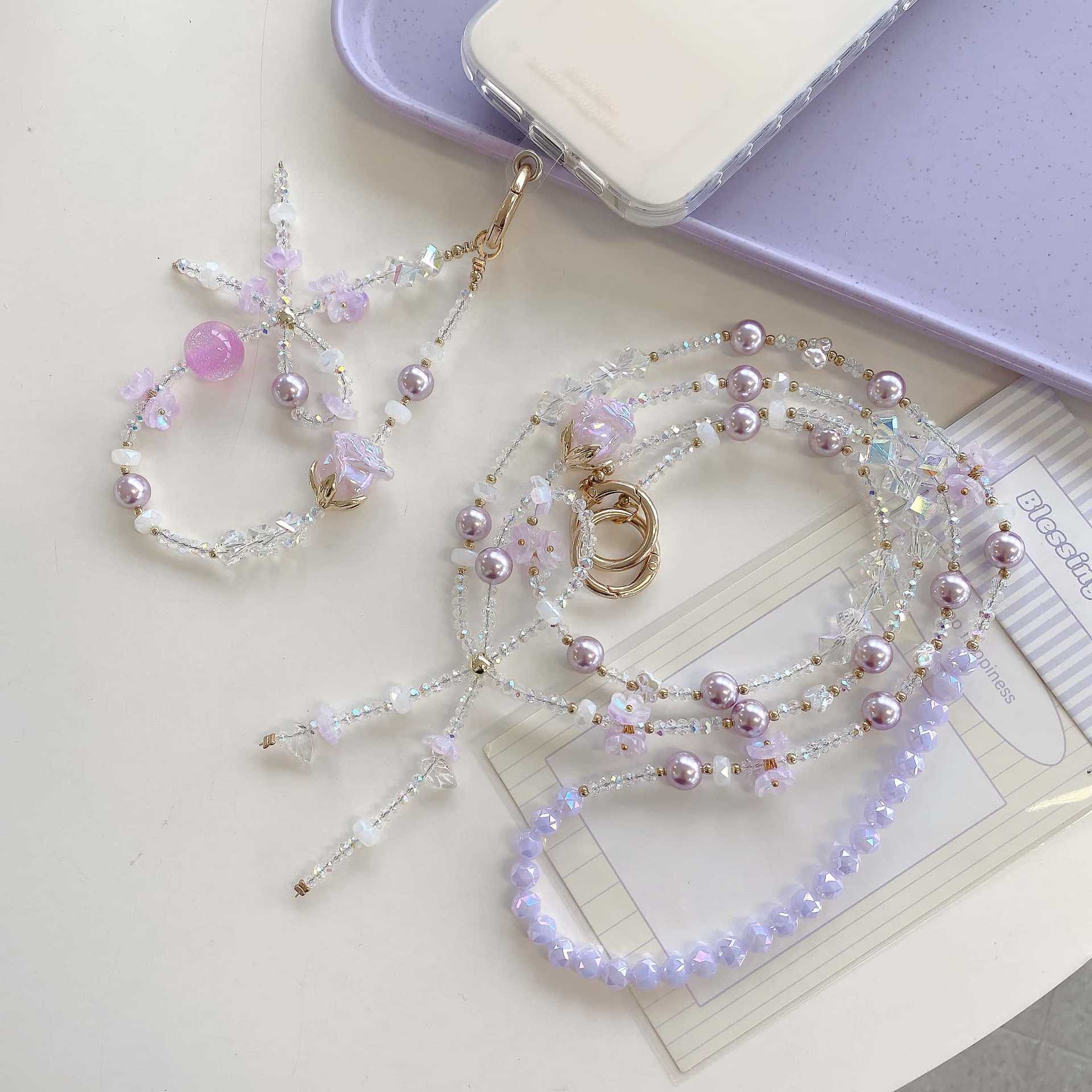 Cadena de teléfono móvil de alta gama hecha a mano boutique, tulipán femenino, cadena larga púrpura, cordón de teléfono móvil de moda, colgante de mensajero largo