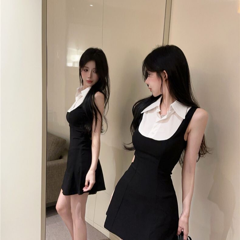 Black and White Patchwork Lapel Fake Two-Piece Sleeveless Dress Sexy Hot Girl Slimming Look Age-Reducing Shirt A-Line Skirt for Women