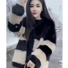 毛绒新款仿水貂绒外套女黑白条纹加厚时尚冬季开衫毛衣大衣女
